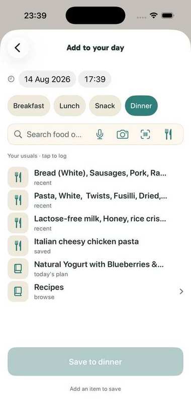 Logging a meal in Pip — search, voice, camera plate-scan and barcode, with your usuals ready to tap