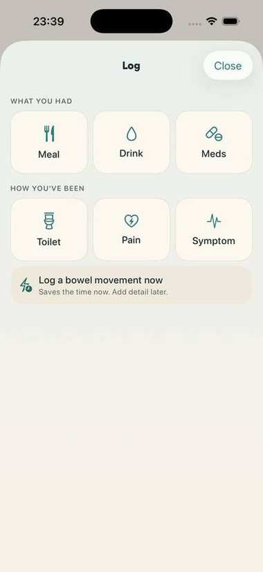 Pip’s quick log sheet — meal, drink, meds, toilet, pain and symptom in one tap