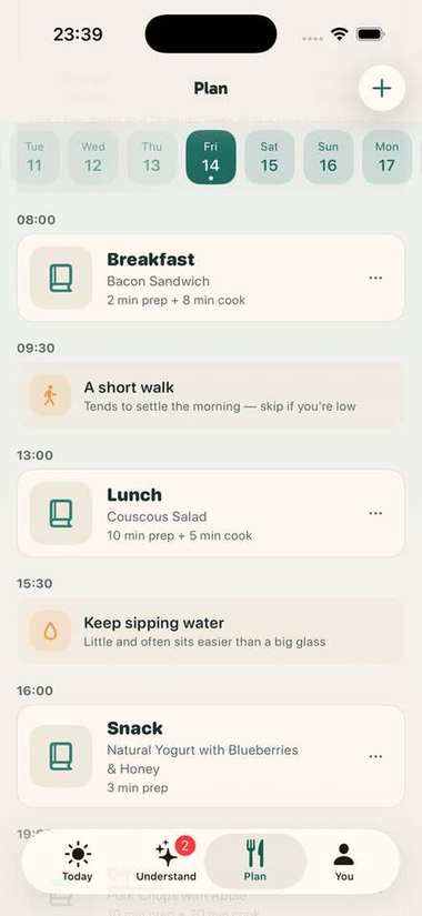 Pip’s Plan screen — a gentle day with breakfast, a short walk, water and a snack
