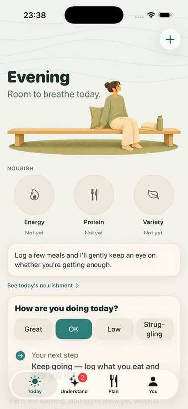 Pip’s Today screen: a calm evening greeting, a gentle Nourish check, and a ‘how are you doing today?’ check-in